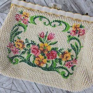 VINTAGE BEADED PURSE Clutch 60s Pearl Snap Closure NO HANDLE Grandma LAURA USA